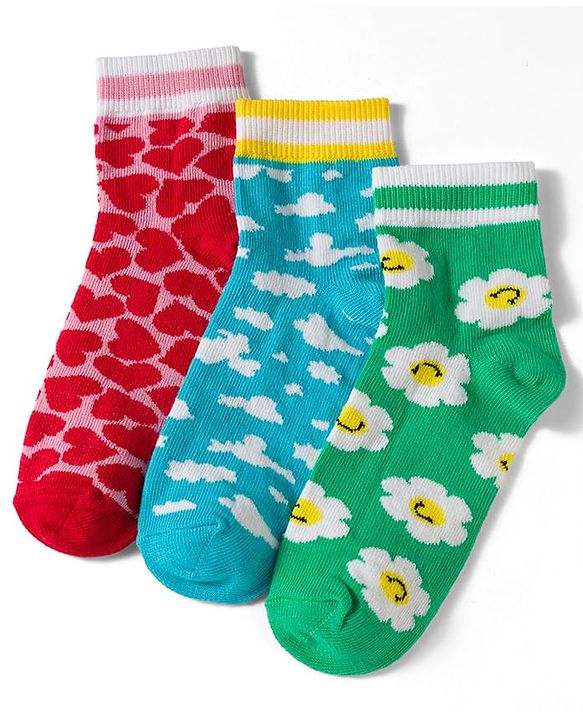 Pine Kids Knit Ankle Length Floral & Heart  Designed Socks Pack of 3- Multicolour