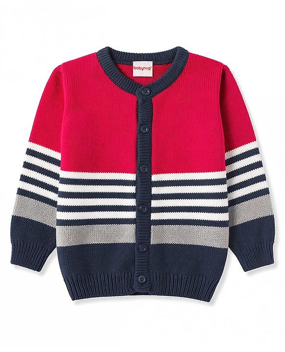 Babyhug Knit Full Sleeves Front Open Striped Sweater - Red