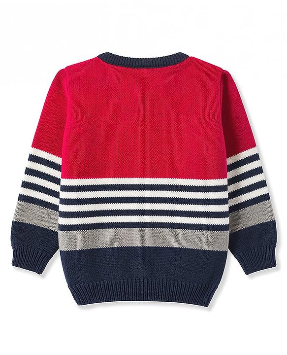 Babyhug Knit Full Sleeves Front Open Striped Sweater - Red