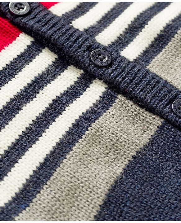 Babyhug Knit Full Sleeves Front Open Striped Sweater - Red