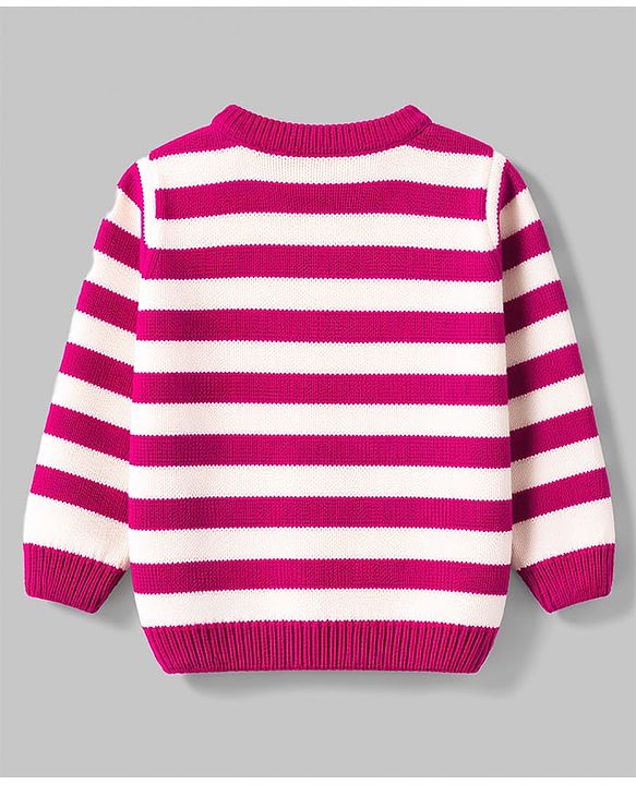 Babyhug Knit Full Sleeves Front Open Striped Sweater - Wine