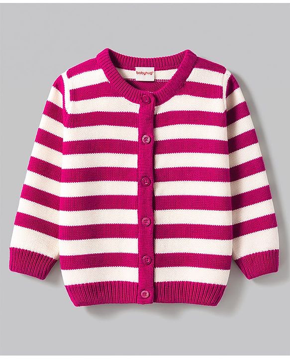 Babyhug Knit Full Sleeves Front Open Striped Sweater - Wine