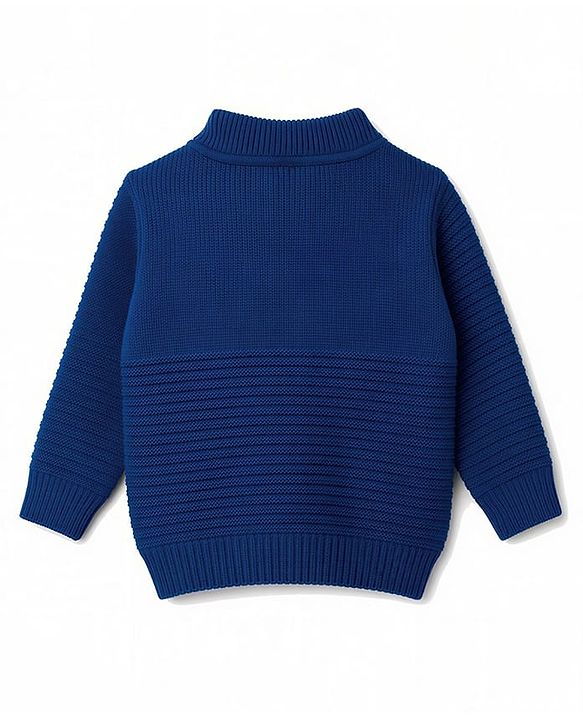 Babyhug Knit Full Sleeves Front Open Padded Sweater With Animal Patch - Blue