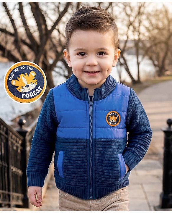 Babyhug Knit Full Sleeves Front Open Padded Sweater With Animal Patch - Blue
