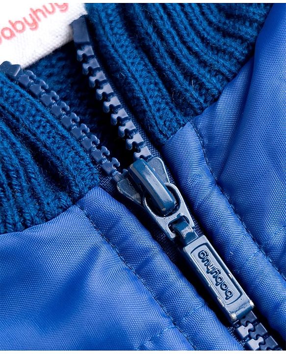 Babyhug Knit Full Sleeves Front Open Padded Sweater With Animal Patch - Blue