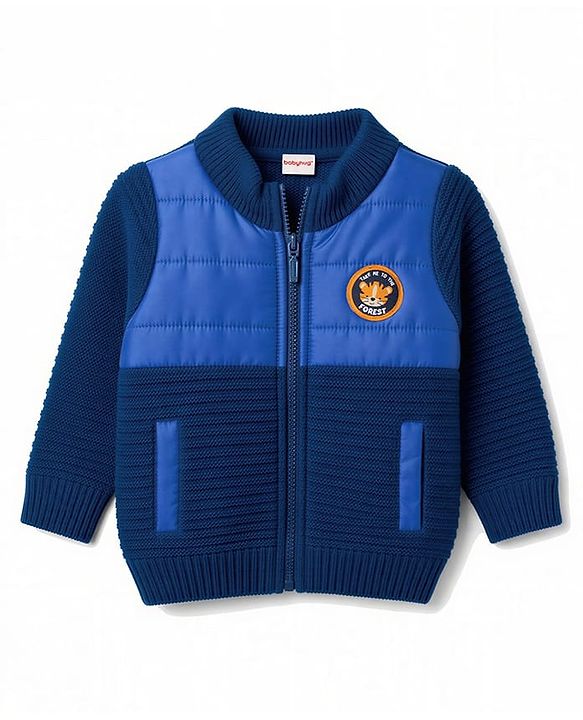 Babyhug Knit Full Sleeves Front Open Padded Sweater With Animal Patch - Blue