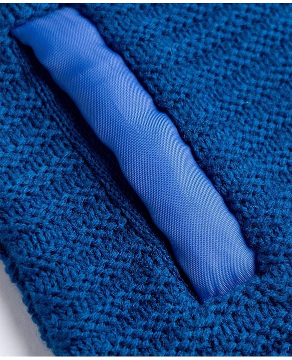 Babyhug Knit Full Sleeves Front Open Padded Sweater With Animal Patch - Blue