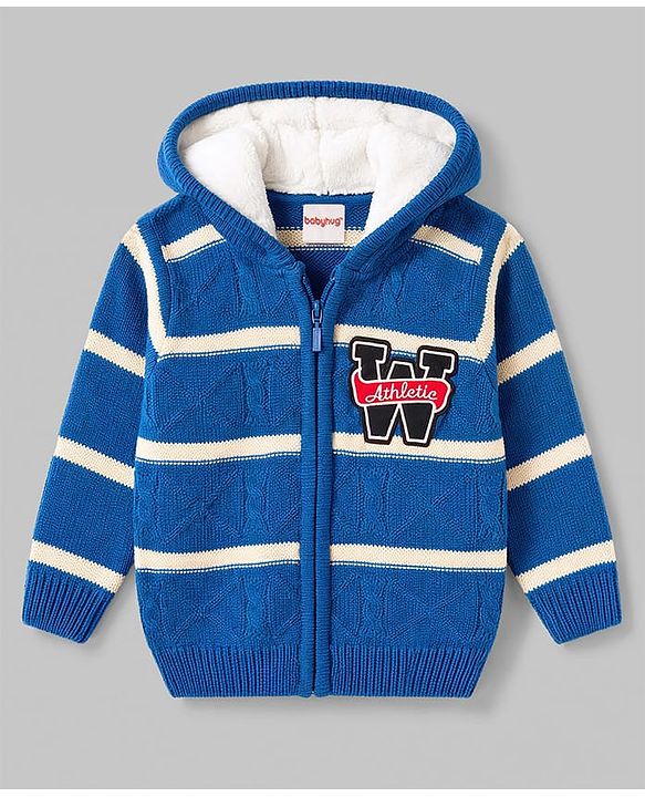 Babyhug Knit Full Sleeves Striped Hooded Sweater with Patch Deatailing - Royal Blue