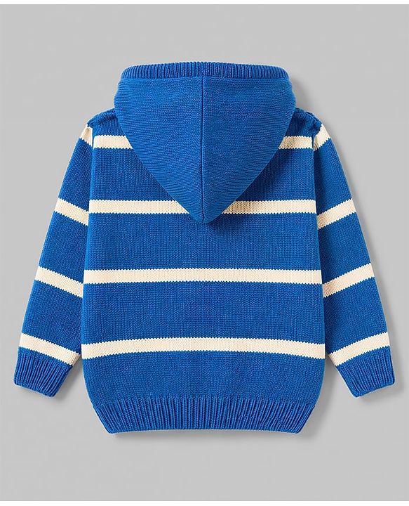 Babyhug Knit Full Sleeves Striped Hooded Sweater with Patch Deatailing - Royal Blue