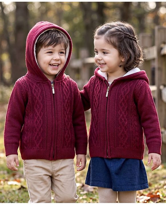 Babyhug Knit Full Sleeves Solid Colour Cable Knit Hooded Sweater - Maroon