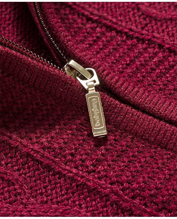 Babyhug Knit Full Sleeves Solid Colour Cable Knit Hooded Sweater - Maroon