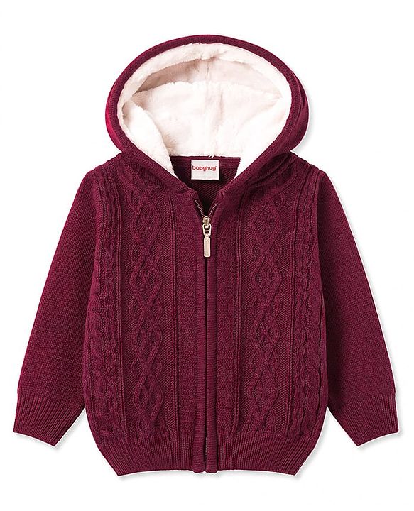 Babyhug Knit Full Sleeves Solid Colour Cable Knit Hooded Sweater - Maroon