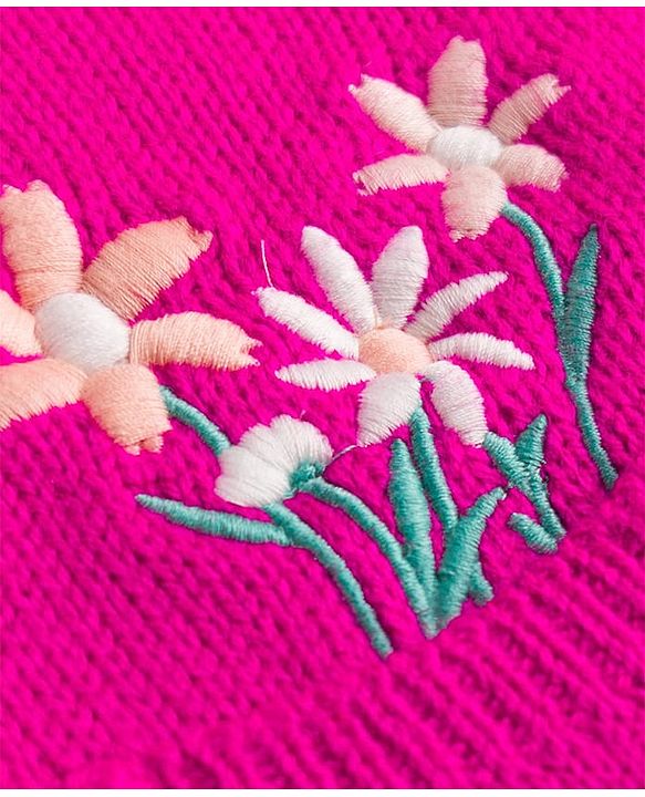 Babyhug Knit Full Sleeves Floral Embroidered Hooded Sweater - Dark Pink