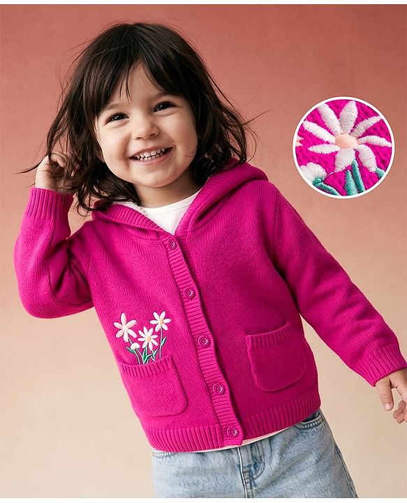 Babyhug Knit Full Sleeves Floral Embroidered Hooded Sweater - Dark Pink