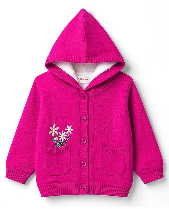 Babyhug Knit Full Sleeves Floral Embroidered Hooded Sweater - Dark Pink