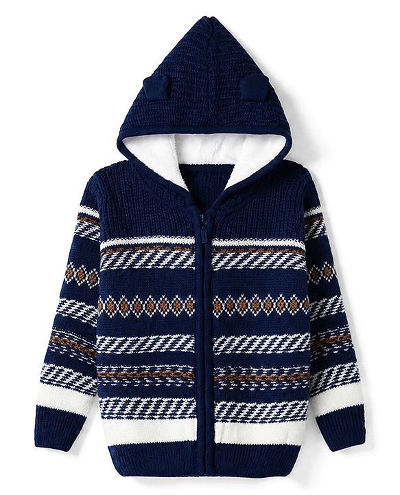 Babyhug Knit Full Sleeves Hooded Sweater with Abstract Design - Navy Blue