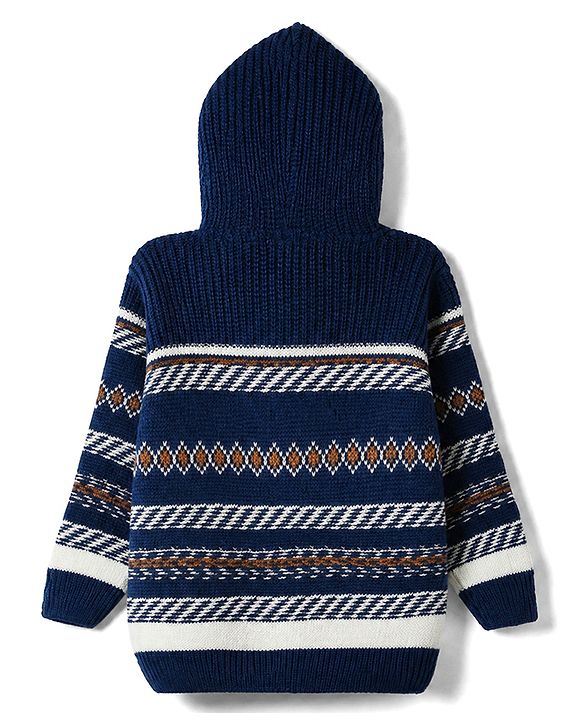 Babyhug Knit Full Sleeves Hooded Sweater with Abstract Design - Navy Blue