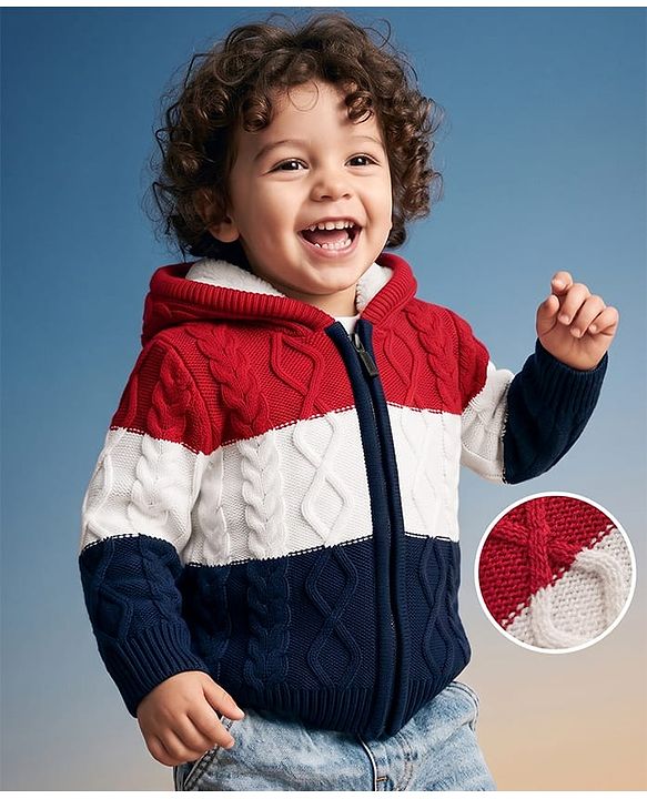 Babyhug Unisex Knit Full Sleeves Hooded Sweater with Cable Knit Design - Red