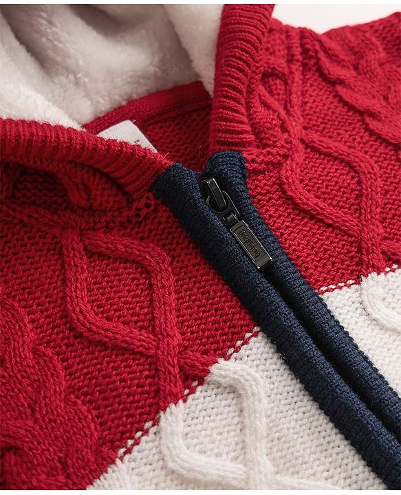 Babyhug Unisex Knit Full Sleeves Hooded Sweater with Cable Knit Design - Red