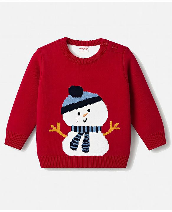 Babyhug Knit Full Sleeves Sweater Set with Snow Man Design - Red