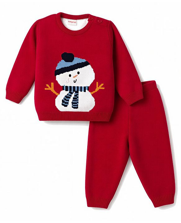 Babyhug Knit Full Sleeves Sweater Set with Snow Man Design - Red