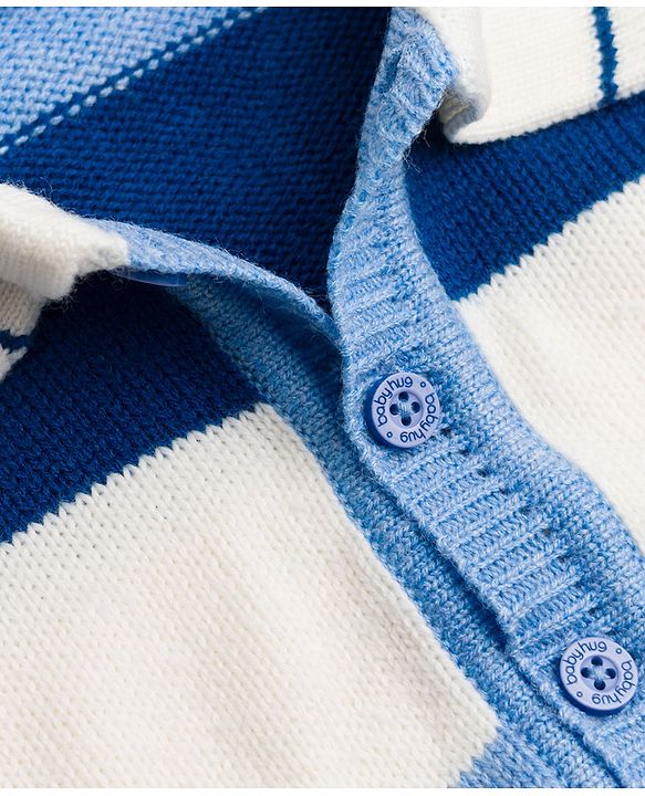 Babyhug Knit Full Sleeves Striped Front Open Sweater Set - Light Blue