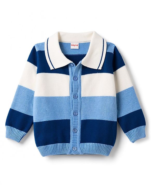 Babyhug Knit Full Sleeves Striped Front Open Sweater Set - Light Blue