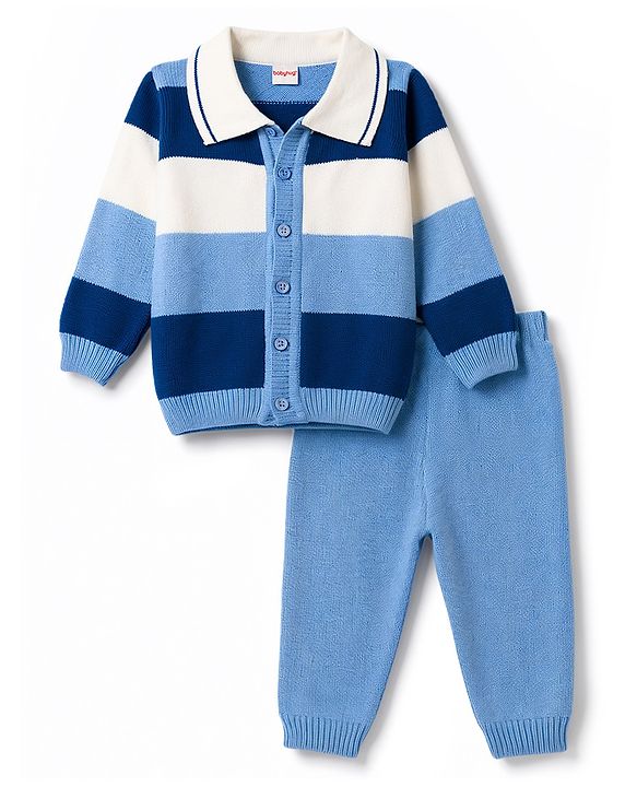 Babyhug Knit Full Sleeves Striped Front Open Sweater Set - Light Blue