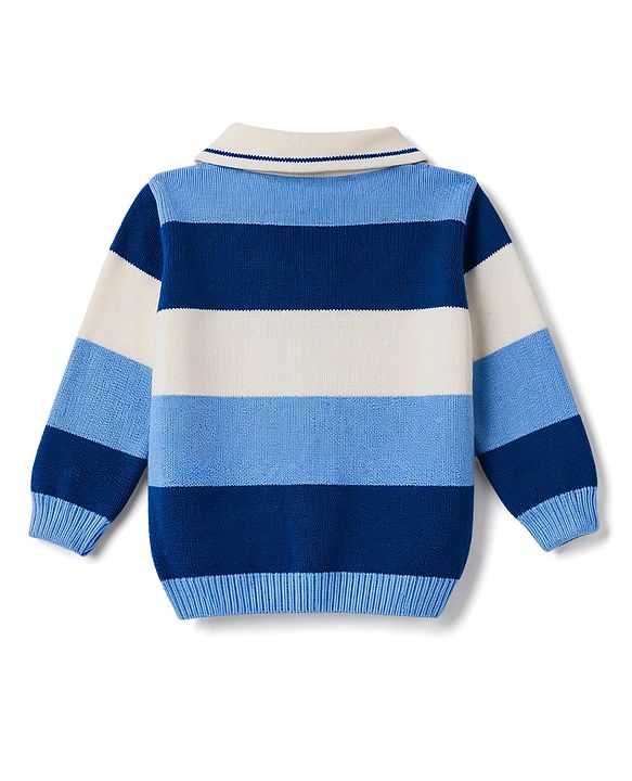 Babyhug Knit Full Sleeves Striped Front Open Sweater Set - Light Blue