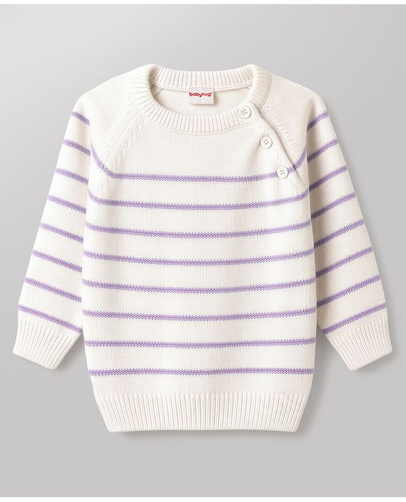 Babyhug Knit Full Raglan Sleeves  Sweater Set with Stripes - White