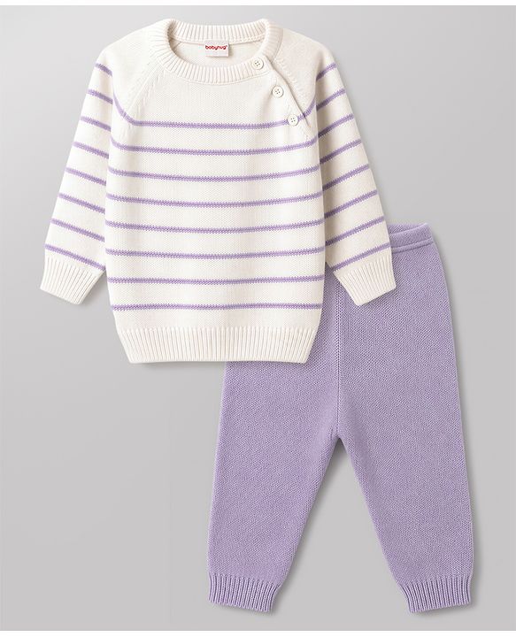 Babyhug Knit Full Raglan Sleeves  Sweater Set with Stripes - White