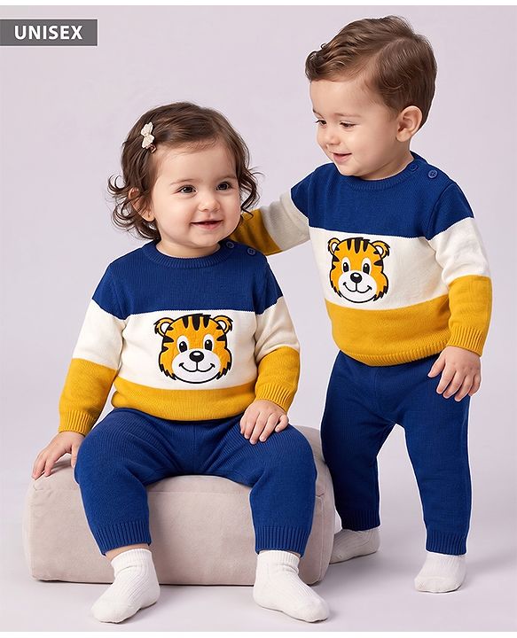 Babyhug Knit Full Sleeves Tiger Embroidered Sweater Set - Navy Blue