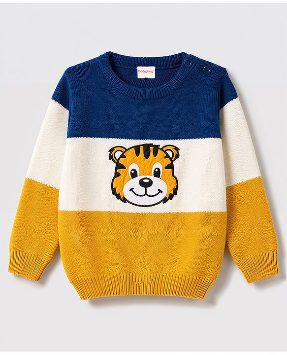 Babyhug Knit Full Sleeves Tiger Embroidered Sweater Set - Navy Blue