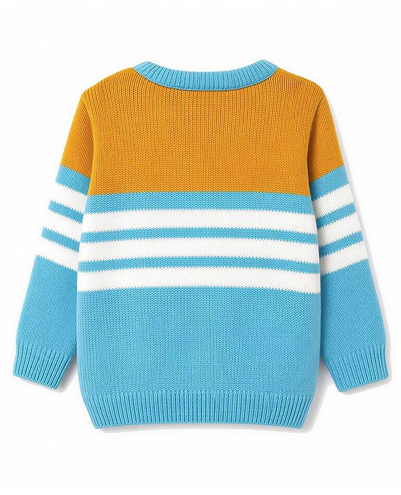 Babyhug Knit Full Sleeves Striped Sweater Set with Bear Design - Light Blue