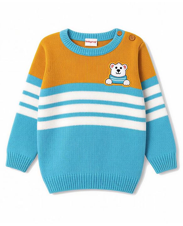 Babyhug Knit Full Sleeves Striped Sweater Set with Bear Design - Light Blue