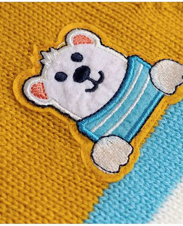 Babyhug Knit Full Sleeves Striped Sweater Set with Bear Design - Light Blue