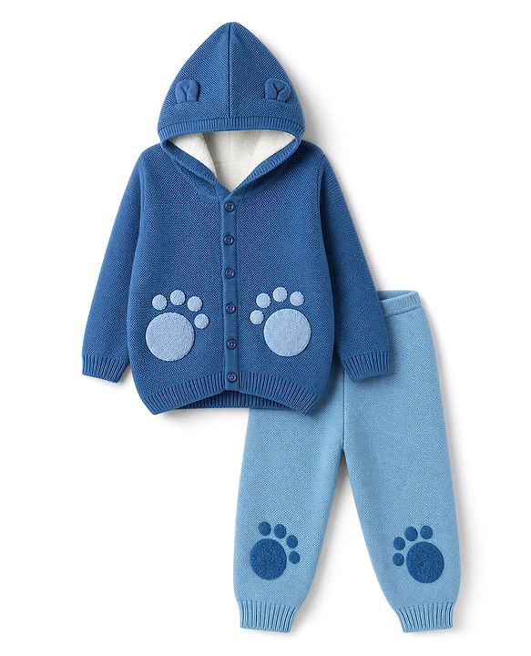 Babyhug Knit Full Sleeves Hooded Sweater Set With Paw Patch - Blue