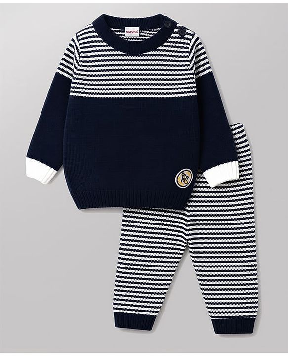 Babyhug Knit Full Sleeves Sweater Set with Stripes - Navy