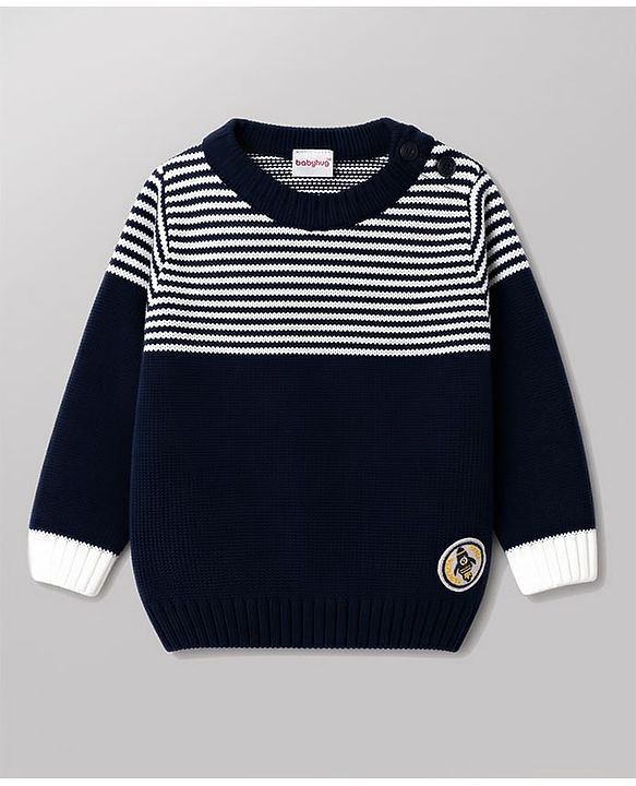 Babyhug Knit Full Sleeves Sweater Set with Stripes - Navy