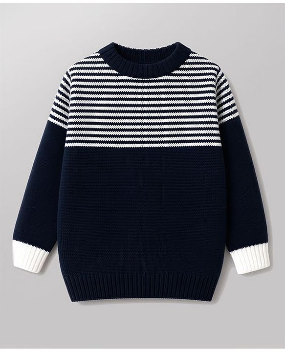 Babyhug Knit Full Sleeves Sweater Set with Stripes - Navy