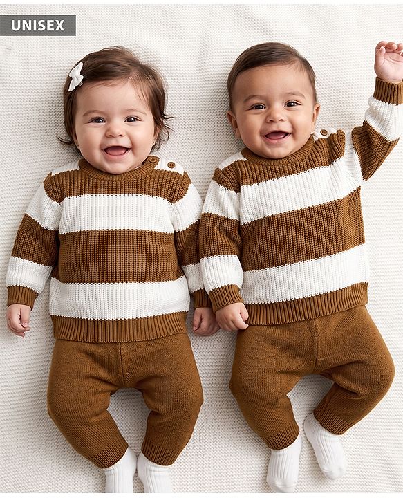 Babyhug Knit Full Sleeves Colour Block Striped Sweater Set - Brown
