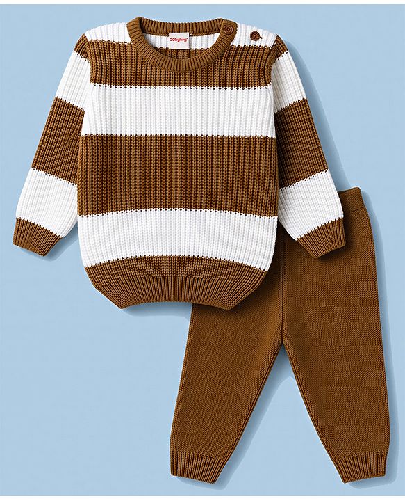 Babyhug Knit Full Sleeves Colour Block Striped Sweater Set - Brown