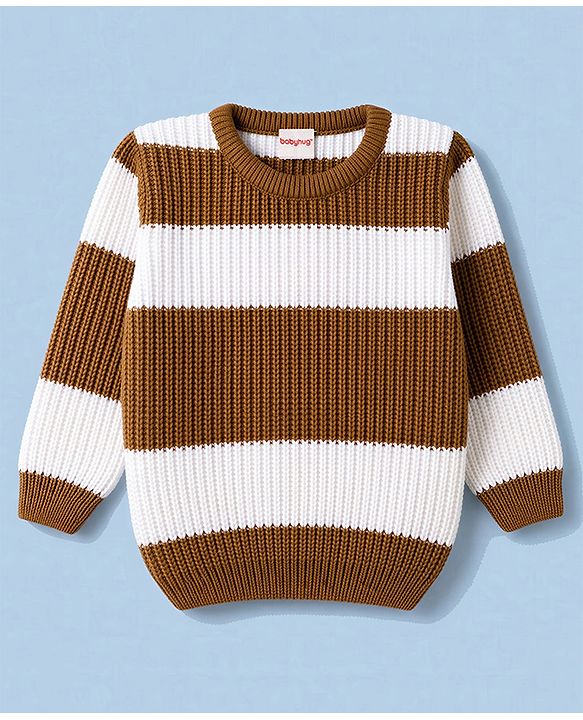 Babyhug Knit Full Sleeves Colour Block Striped Sweater Set - Brown