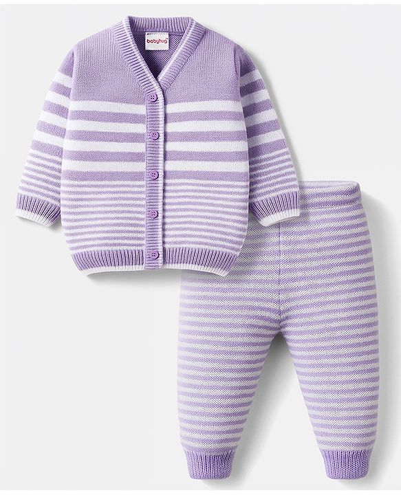 Babyhug Knit Full Sleeves Front Open Sweater Set with Stripes - Lavender
