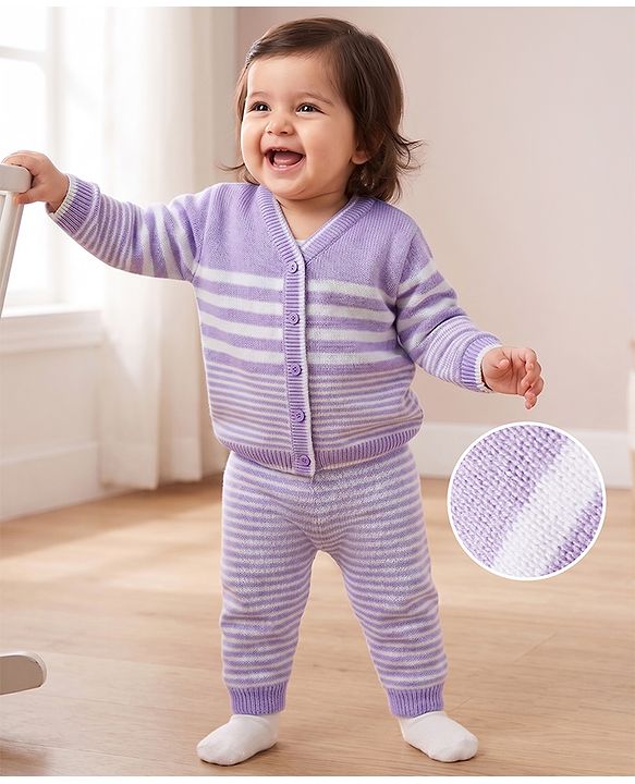 Babyhug Knit Full Sleeves Front Open Sweater Set with Stripes - Lavender