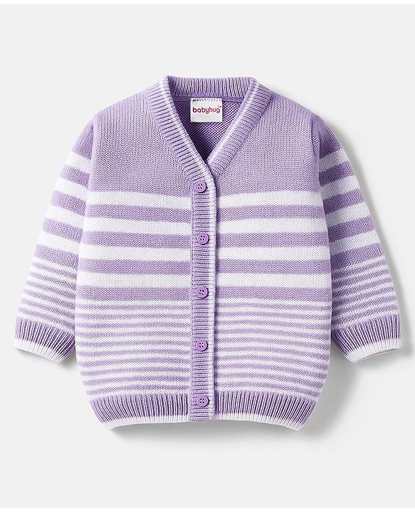 Babyhug Knit Full Sleeves Front Open Sweater Set with Stripes - Lavender