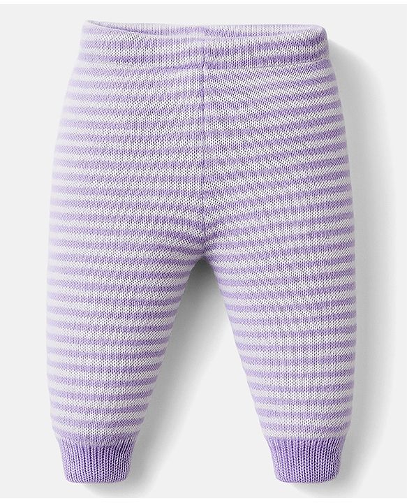 Babyhug Knit Full Sleeves Front Open Sweater Set with Stripes - Lavender