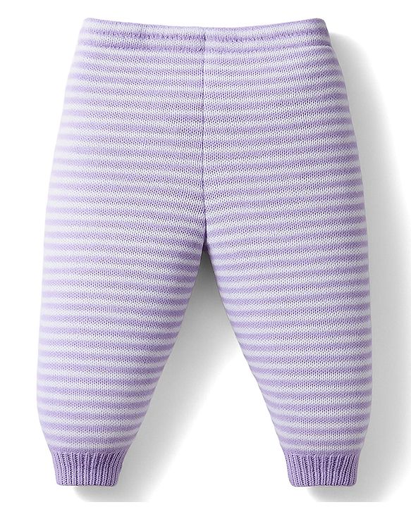 Babyhug Knit Full Sleeves Front Open Sweater Set with Stripes - Lavender