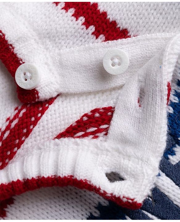 Babyhug Full Raglan Sleeves Striped & Tiger Embroidered Sweater Set - White & Navy Blue