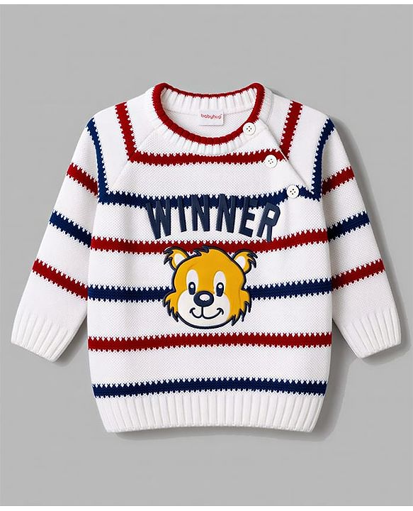Babyhug Full Raglan Sleeves Striped & Tiger Embroidered Sweater Set - White & Navy Blue